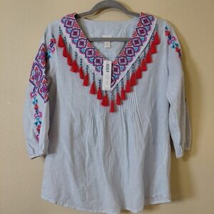 Chicos Womens Sz 0  V-Neck  Blouse Embroidered Tassels Hippie Retro‎ Beach
